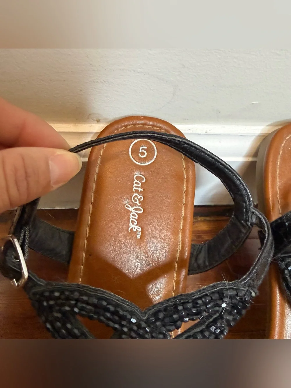 Cat & Jack Black Braided T-Strap Sandals with Tan Footbed